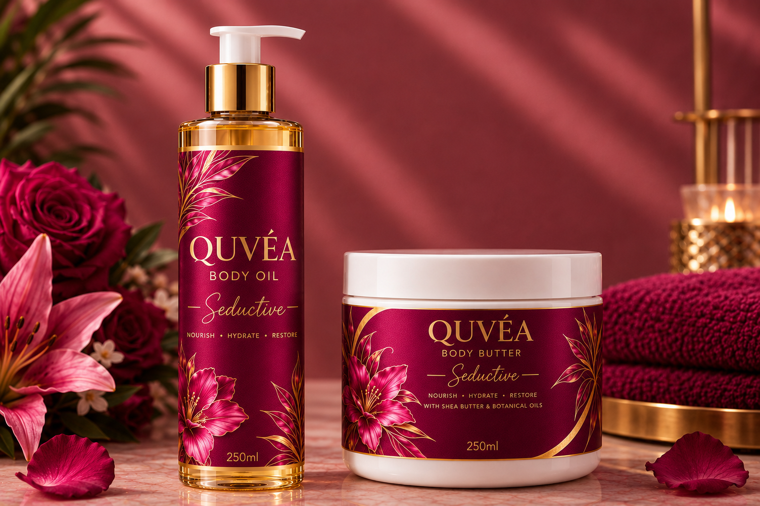 QUVÉA Seductive Body Oil and Body Butter duo in burgundy and gold packaging