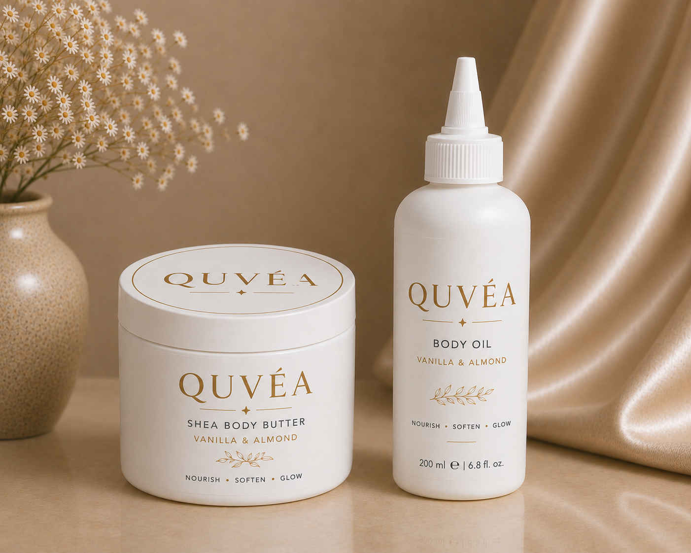 Quvéa Shea Body Butter 250ml jar beside the Quvéa Body Oil 200ml bottle