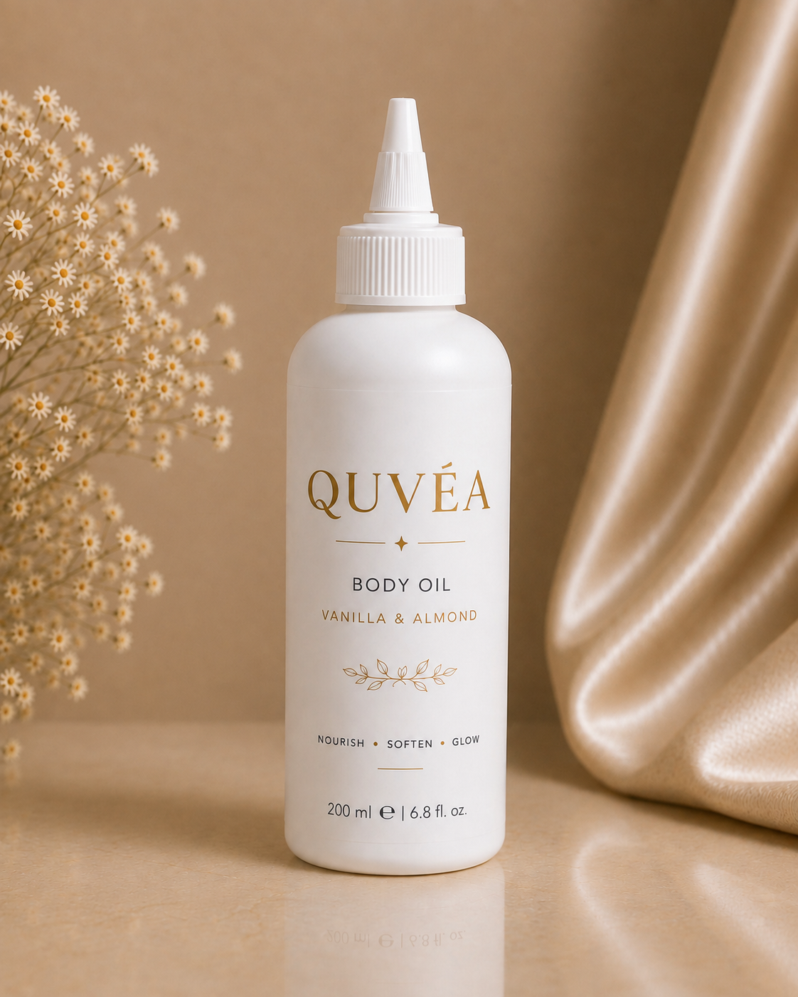 Quvéa Body Oil 200ml bottle with Vanilla & Almond label
