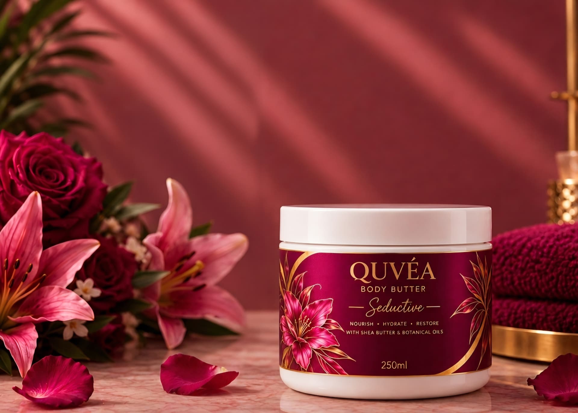 QUVÉA Seductive Body Butter 250ml jar in burgundy and gold packaging