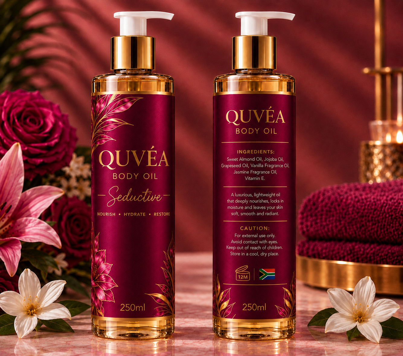 Front and back of QUVÉA Seductive Body Oil 250ml bottles