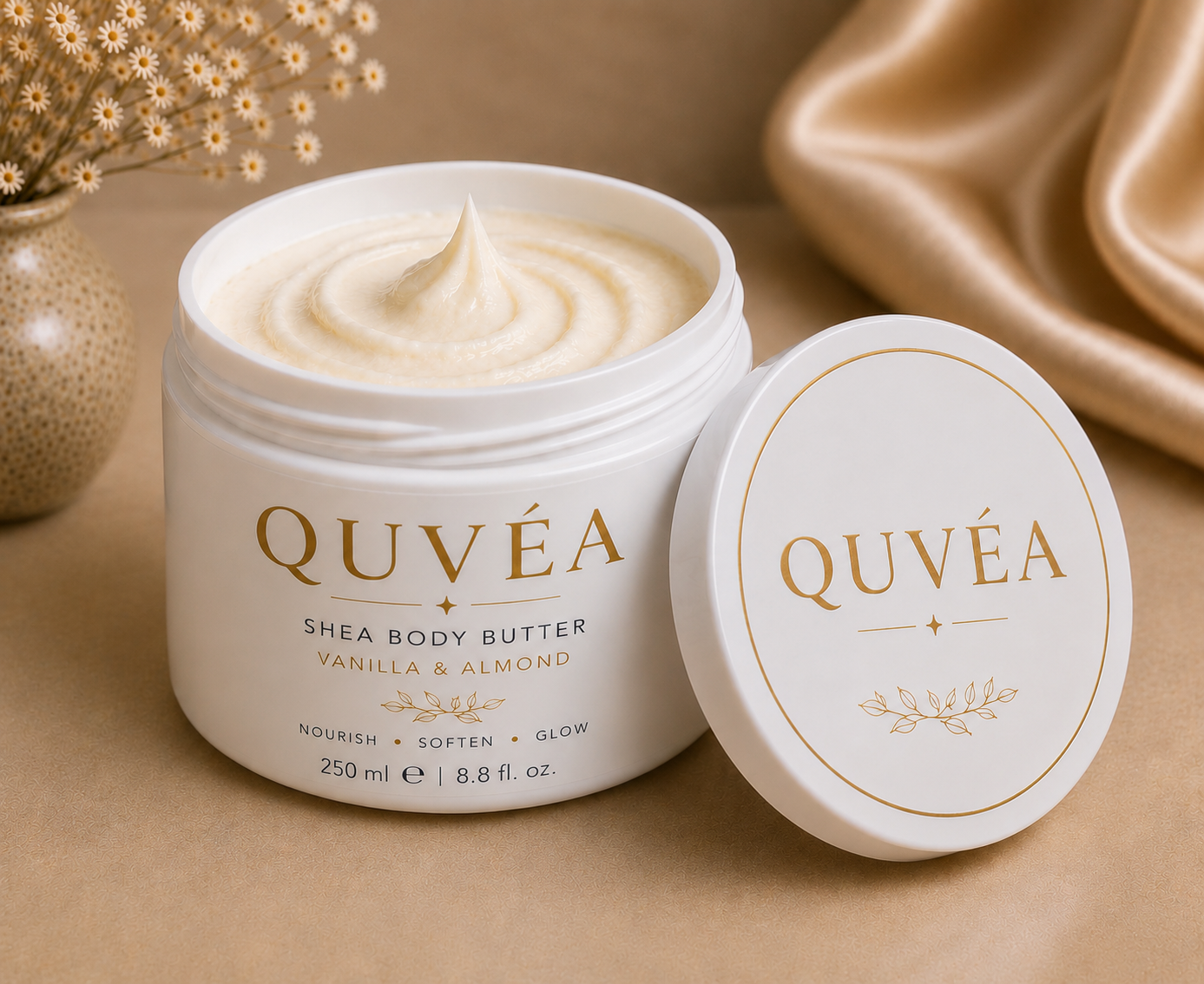 Open 250ml jar of Quvéa Shea Body Butter showing its whipped texture